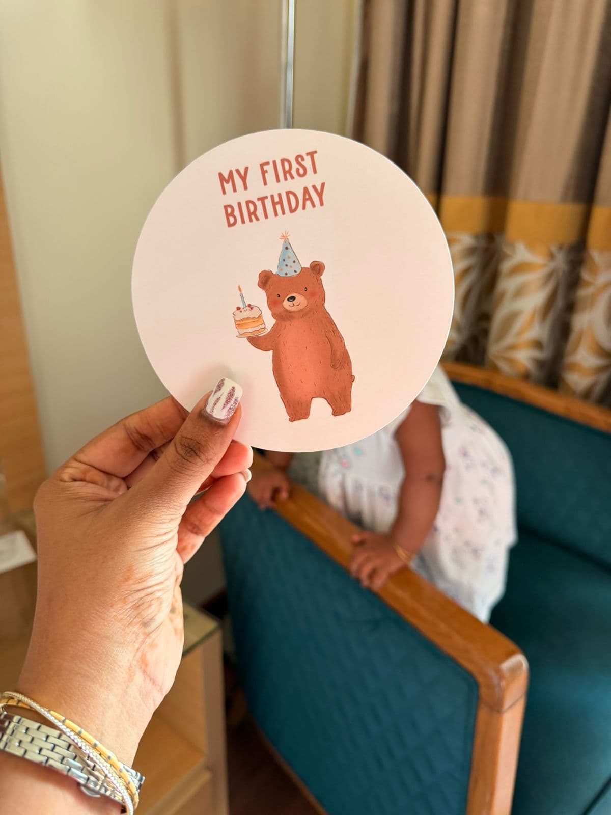 My First Birthday milestone card with bear illustration