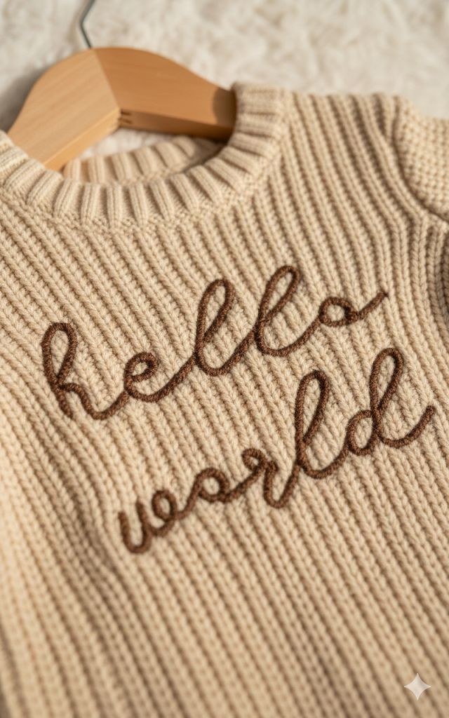 Hello World embroidered romper on wooden hanger